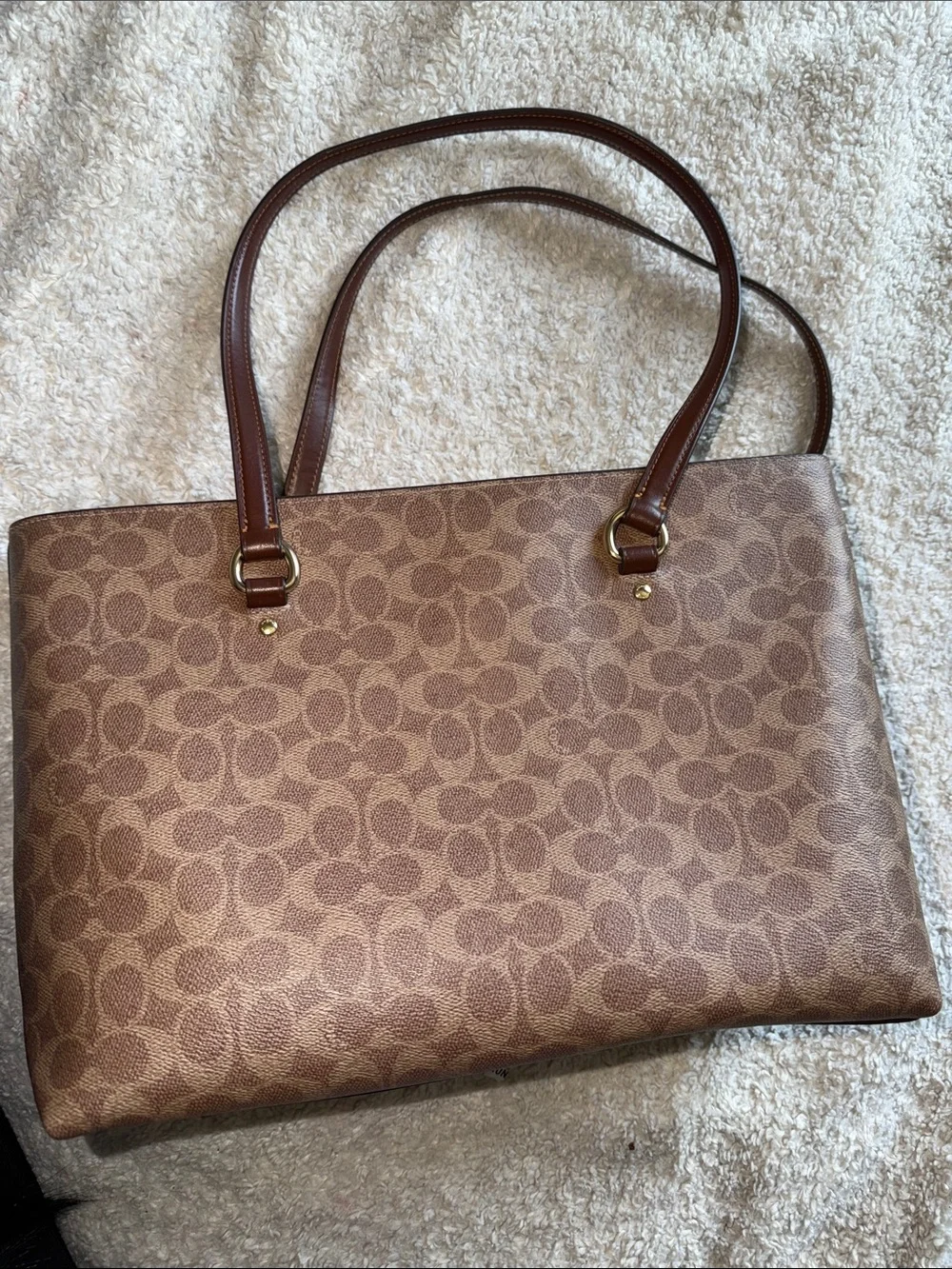 Authentic Coach Brown Signature Canvas Station Tote with Leather Trim